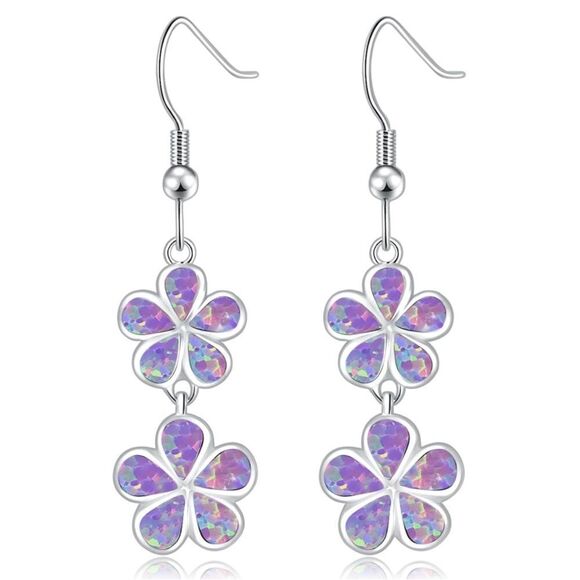 18K White Gold with Genuine Purple Fire Opal Double Flower Drop Hook Earrings - Picture 1 of 5
